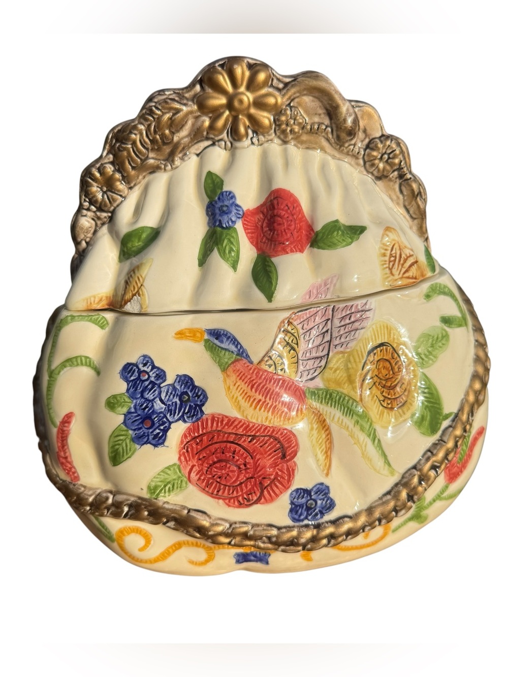 International Bazaar Purse Cookie Jar Floral Bird Ceramic Canister Vintage Decor